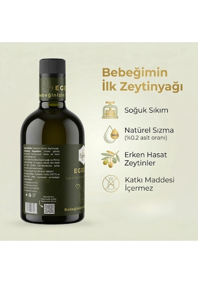 Egelya Bebek Zeytinyağı 500 Ml 0,2 Asit, Ödüllü, Natürel Sızma Ek Gıdaya Geçişe Uygun, Bebek Masaj Yağı