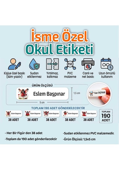 Kapbirhediye Okul Etiketi Isme Özel Kalem Defter Etiketi Uğur Böceği Temalı 190 Adet Çok Renkli