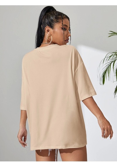 Flood Of Style Kadın Bej İf The Book Baskılı Oversize Bisiklet Yaka Tshirt