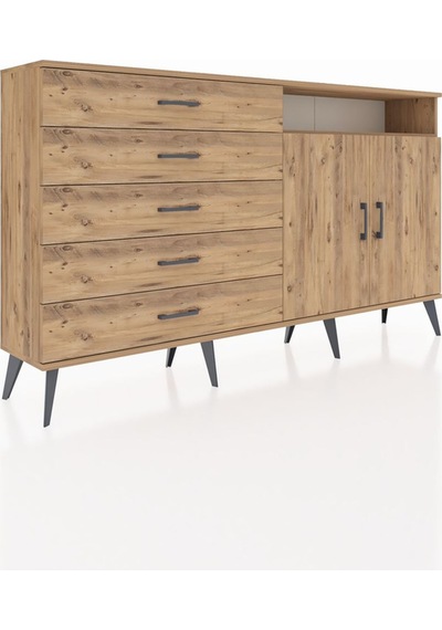 Arges Konsol 2 Raflı 5 Çekmeceli 2 Kapaklı 176x30x99 Çam-çam Çam-çam