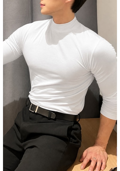 Tarz Cool Erkek Yarım Balıkçı Yaka Uzun Kollu Slim Fit Likralı Oysho Kumaş Tişört Beyaz