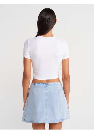 Dilvin 80585 %100 Pamuk Önü Fiyonklu Mini Denim Etek-mavi