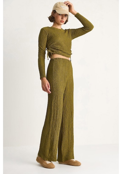 Shade Kadın Yanları Bağlamalı Crop Beli Lastikli Yüksek Bel Pantolonlu Bürümcük Takım 8075 60284110 - Yeşil