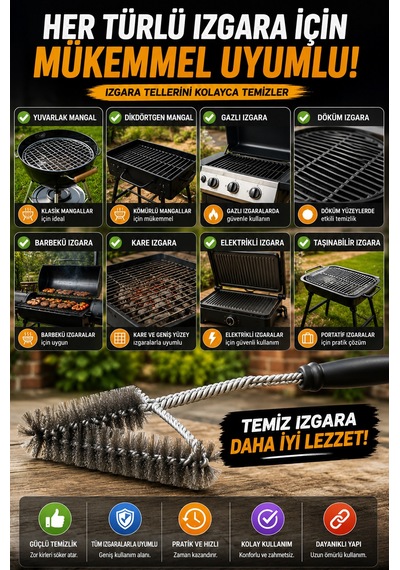 Barbekü Mangal Izgara Temizlik Fırçası Paslanmaz Çelik Tel Ergonomik Saplı Izgara Temizleyici Fırça