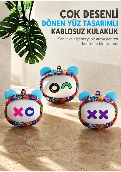 Monster G05d Bluetooth 5.4 Kablosuz Kulaklık, 3 Farklı Dönen Yüz Tasarımı, Graffiti Şarj Kutusu, Dokunmatik Kontrol, Düşük Gecikme, 150 Saat Bekleme