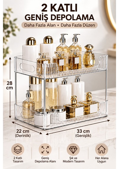 Lumera 2 Katlı Şeffaf Çok Amaçlı Organizer Makyaj, Parfüm, Banyo Ve Mutfak Düzenleyici Raf 33 22 28 Cm. Şeffaf