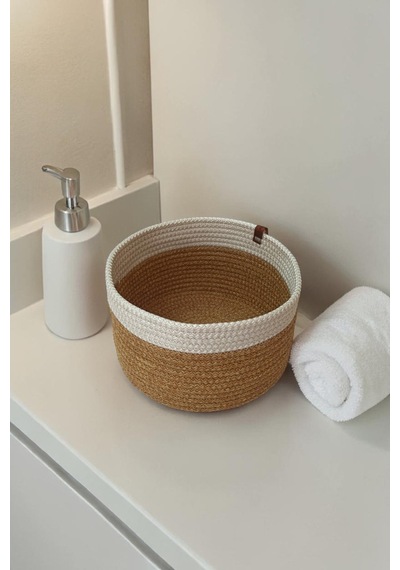 El Yapımı Dekoratif Örgülü Model Banyo Seti 2 Li Paspas 50x80 Ve 40x60 + 2 Organizer Sepet 18x18 Cm Hasır Jüt Renk