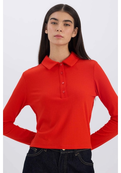 DeFacto Slim Fit Dar Kesim Polo Yaka Fitilli Kaşkorse Uzun Kollu Tişört D8720AX24AURD272 Kırmızı