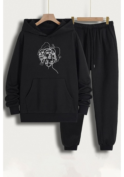 Uyguntarz Unisex Woman One Line Baskılı Eşofman Takımı Siyah