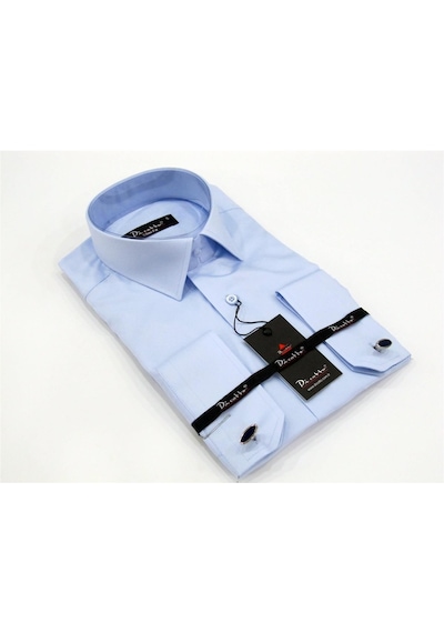 Mavi Micro Kumaş Kol Düğmeli Slim Fit Düz Renk Gömlek // 201-4 Mavi