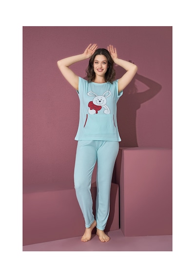Rindahomewear Kadın Fitili Düşük Kol Cepli Pijama Takımı Mavi