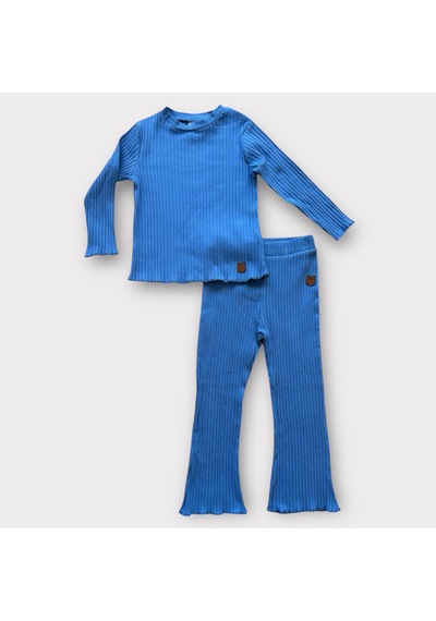 Bellamio Kids Pamuklu Fitilli Kumaş Kız Bebek İkili Takım Saks Mavi