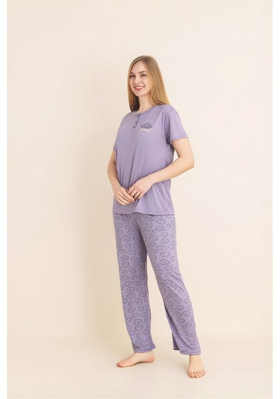 Enisena Kadın Pijama Takımı-menekşe Kumaş-3 Düğmeli-yaka Baskılı-12606sf lila