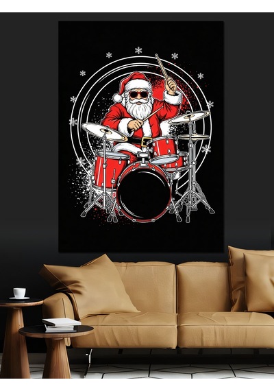 Ahşap Tablo Bateri Çalan Neşeli Noel Baba