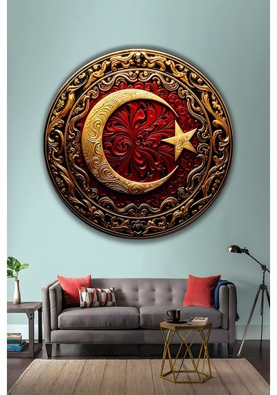 Ay Yıldız Gold Kırmızı Yuvarlak Temperli Dekoratif Cam Tablo Türk Bayrağı Temalı Lüks Duvar Dekoru Türk Bayrağı Temalı Dekoratif Duvar Tablosu, Ev, Ofis Ve Özel Gün Dekoru, 60x60 Cm