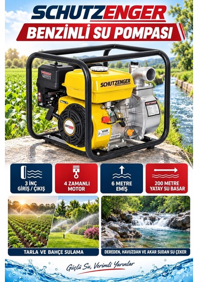 9 Hp 3 Inç Çıkışlı Benzinli Su Pompası 200 Mt Yatay Su Basar 4 Zamanlı Motor Turbo Güç Sarı