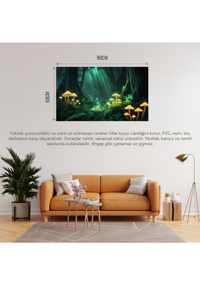 Doğa Ve Manzara Yatay Parlayan Mantarlar Ve Büyülü Işık Huzmeleri Mistik Orman 06 Çerçevesiz 90x60cm Pvc Tablo