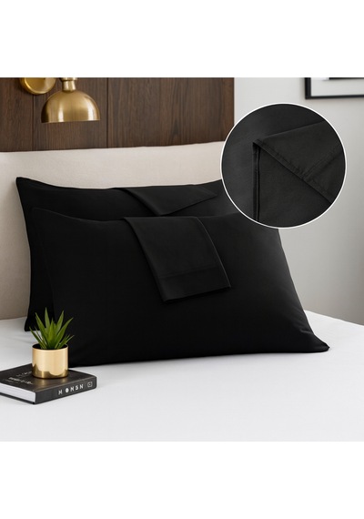 Siyah Pamuk Kumaş Kapaklı Yastık Kılıfı 2 Adet 50 X 70 Cm