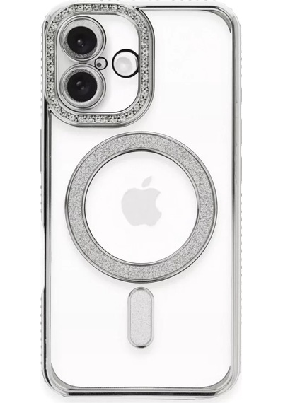 Apple iPhone Uyumlu 16 Plus Kılıf Joke Simli Magneticsafe Kılıf - Gümüş -