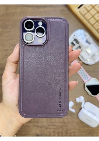 Apple iPhone 14 Pro Max Uyumlu Premium Deri Dokulu Darbelere Karşı Dayanıklı Nazal Silikon Kılıf Mor