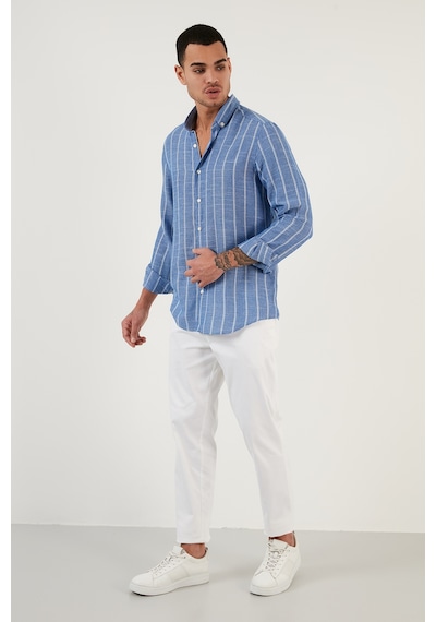 Buratti Pamuklu Çizgili Regular Fit Düğmeli Yaka Erkek Gömlek Cf21S112480 Saks-Beyaz