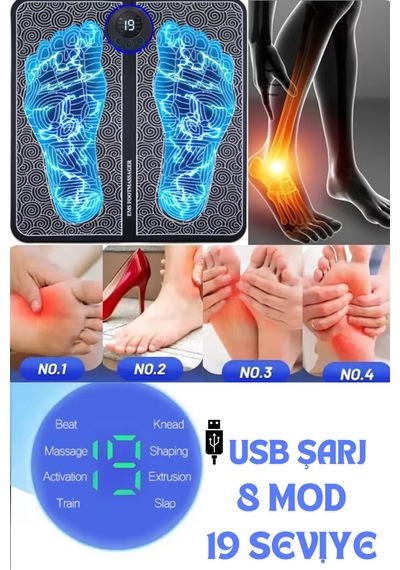 Ems Ayak Masaj Cihazı Titreşimli Usb Şarjlı 8 Modlu 19 Seviyeli Foot Massager Karışık