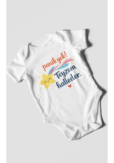Morivokids Panik Yok Teyzem Halleder Kısa Kollu Bebek Body %100 Pamuk Beyaz