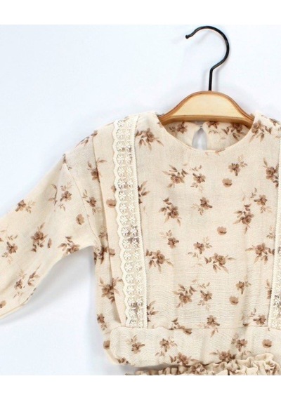 Babyhola Dantel Detaylı Çiçek Desenli Müslin Bayramlık Kız Bebek Takım Üst Ve Pantolon İkili Set 2009 Bej