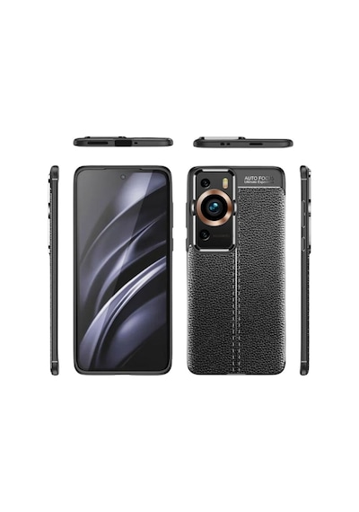 Huawei P60 Pro Kamera Korumalı Deri Görünümlü Dikiş Desenli Koruyucu Niss Kapak Siyah