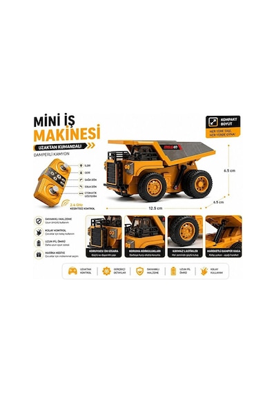 Şarjlı Mini Metal Kamyon 1:64 Ölçek Uzaktan Kumandalı Kamyon Metal 8 Kanallı Full Fonskiyonlu Sarı