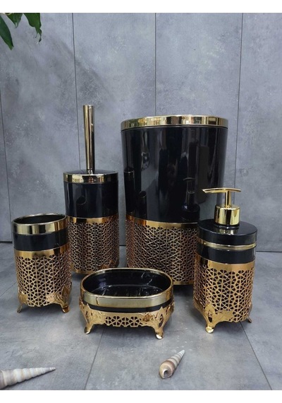 Avangard Siyah Üzeri Gold Işlemeli 5'li Banyo Seti Siyah