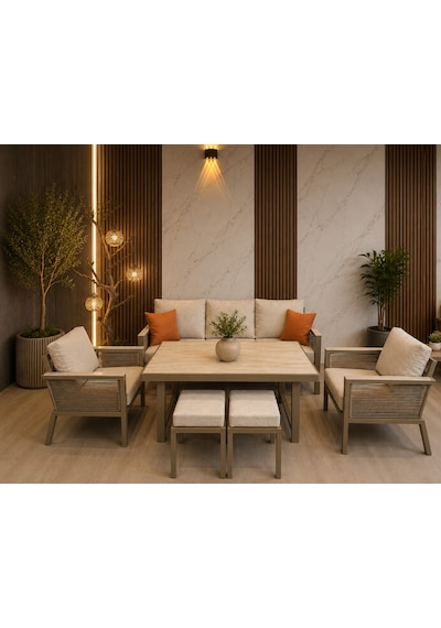 Kanyon Metal Bahçe Balkon Teras Koltuk Takımı 3+1+1+masa+2 Adet Puf Krem