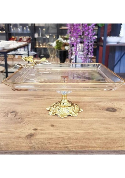 Elta Collection Gold Kelebek Detaylı Şık Ayaklı Kare Sunumluk Ikramlık Kurabiyelik Şeffaf