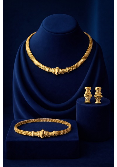 Altın Kaplama Hasır Choker Kolye Geniş Mesh Şık Kadın Gerdanlık Bileklik Küpe 3'lü Takı Seti Özel Gün