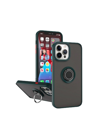 Apple Uyumlu iPhone 11 Pro Max Kılıf Yüzüklü Standlı Extra Darbe Koruma Sert Silikon Kapak Yeşil
