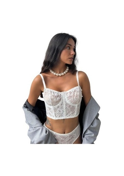 Onsekiz18shop İçi Boş Gümüş Simli Çiçekli Tül Beyaz Büstiyer Takım