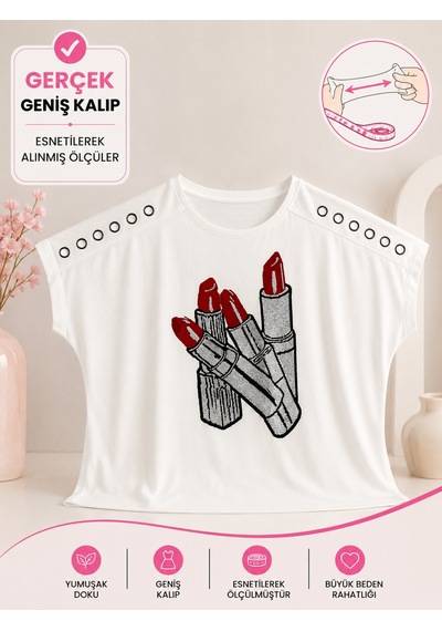 Büyük Beden Geniş Yaka Kolları Taş Detaylı Baskılı Taş İşlemeli Kısa Kollu Oversize Kadın Bluz Ekru Büyük Beden Geniş Yaka Kolları Taş Detaylı Baskılı Taş İşlemeli Kısa Kollu Oversize Kadın Bluz Ekru