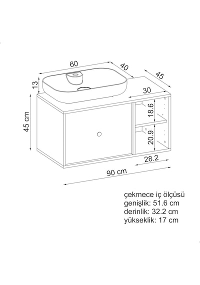 Gusto Ayaksız Oval Lavabolu Mdf 90 Cm Çekmeceli Banyo Dolap Beyaz Mat Beyaz
