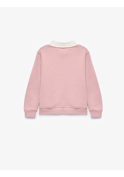 Koton Kedi Nakışlı Uzun Kollu Polo Yaka Sweatshirt Lila 7wkg10110ak