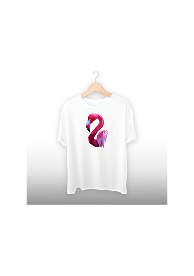 Flamingo Detaylı Unisex Tişört Beyaz