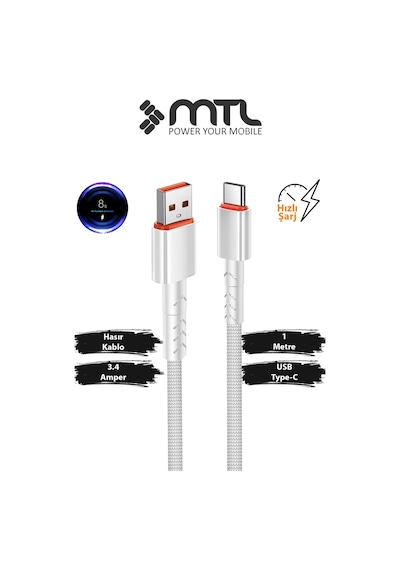 3.4a Usb To Type-c Hızlı Şarj Ve Data Kablosu Hasır 1 Metre Beyaz Mt2015