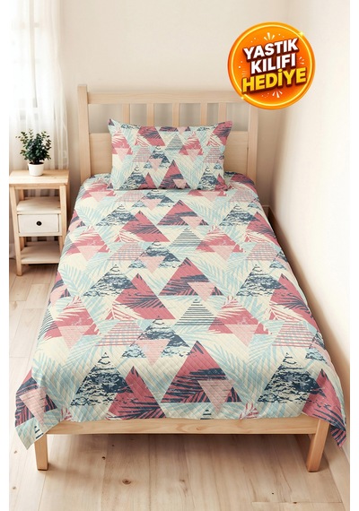 Geometrik Pembe Genç Odası Tek Kişilik Pike Takımı - Tropikal Mint 160x220 Cm Kapitone Yatak Örtüsü Gizli Kireç Masalı