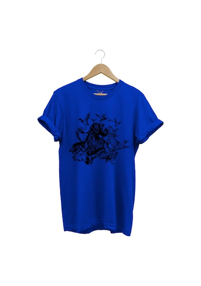 Avcılık Hunter Drahthaar Av Köpeği Ve Keklik Ördek Çulluk Baskılı Regular Fit %100 Pamuk T-shirt Saks Mavi