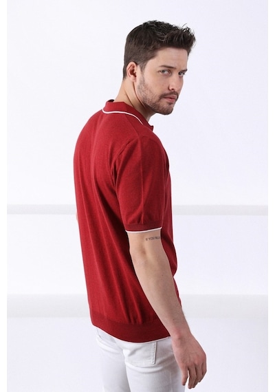 Ferraro Tarçın Yaka Şerit Fermuarlı Erkek Pamuk Triko T-Shirt-Tarçın