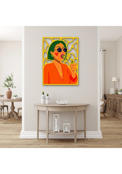 Çiçek Üfleyen Yeşil Saçlı Kadın - Metal Tablo - Dec0385 48 X 65 Cm Çok Renkli