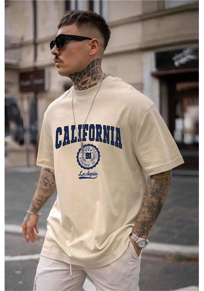 Hırsch Unisex Bej California Baskılı Oversize T-shirt Bej