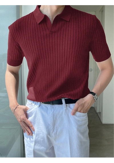 Erkek Fitilli Polo Yaka Triko T-shirt Bordo