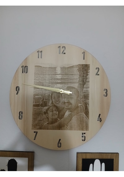 Kişiye Özel Fotoğraflı Ahşap Duvar Saati Led Işıklı Açık Ahşap