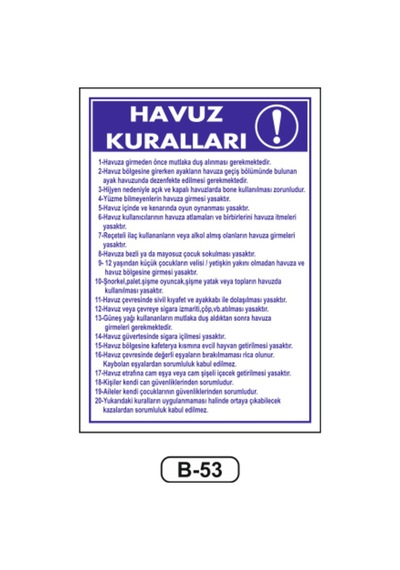 Havuz Kuralları Uyarı Ikaz Levhası