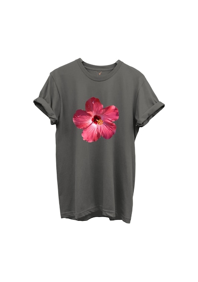 Pembe Tropik Hibiskus Çiçekli Kadın %100 Pamuk Regular Fit Bisiklet Yaka T-shirt Gri